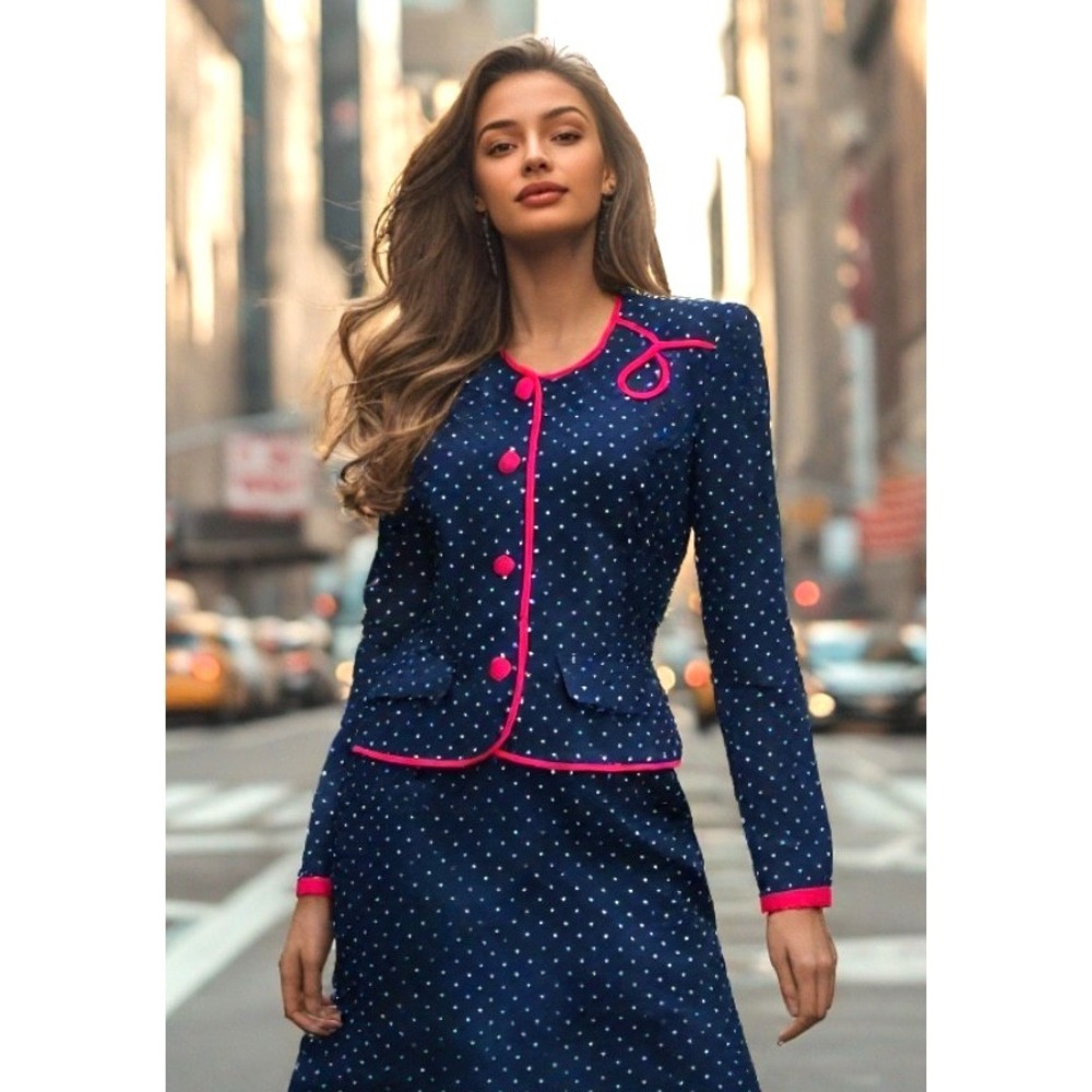 80s Skirt Skirt Suit Women Size Small Polka Dot Blue Pink Trim Long Sleeve VGUC
